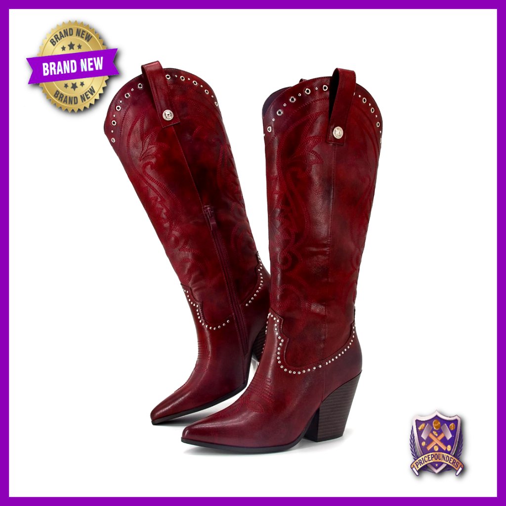 Knee High Western Boots Pointed Toe Chunky Heel Wide Calf Embroidered Retro